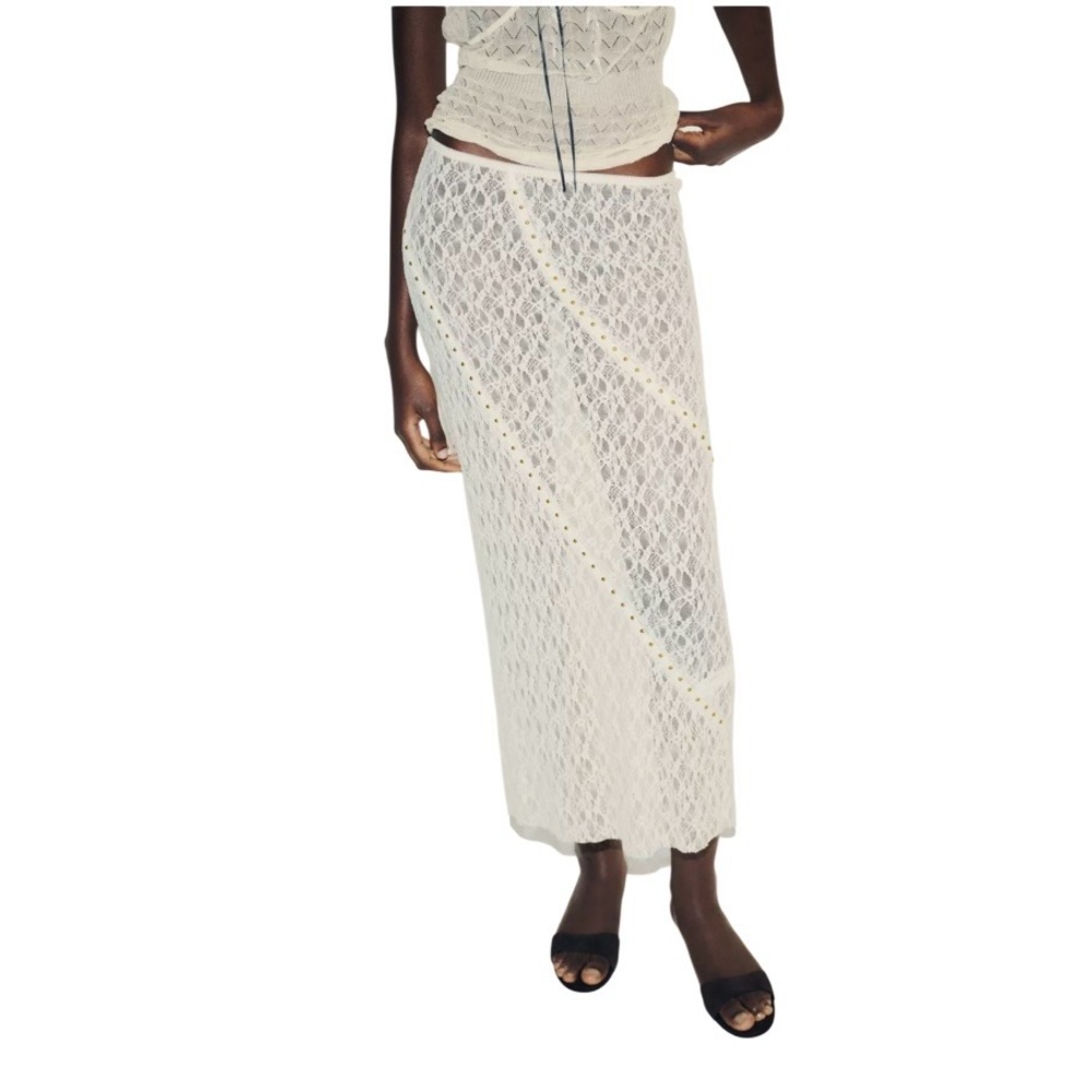 Zara NWT Studded Lace Midi Skirt Ecru